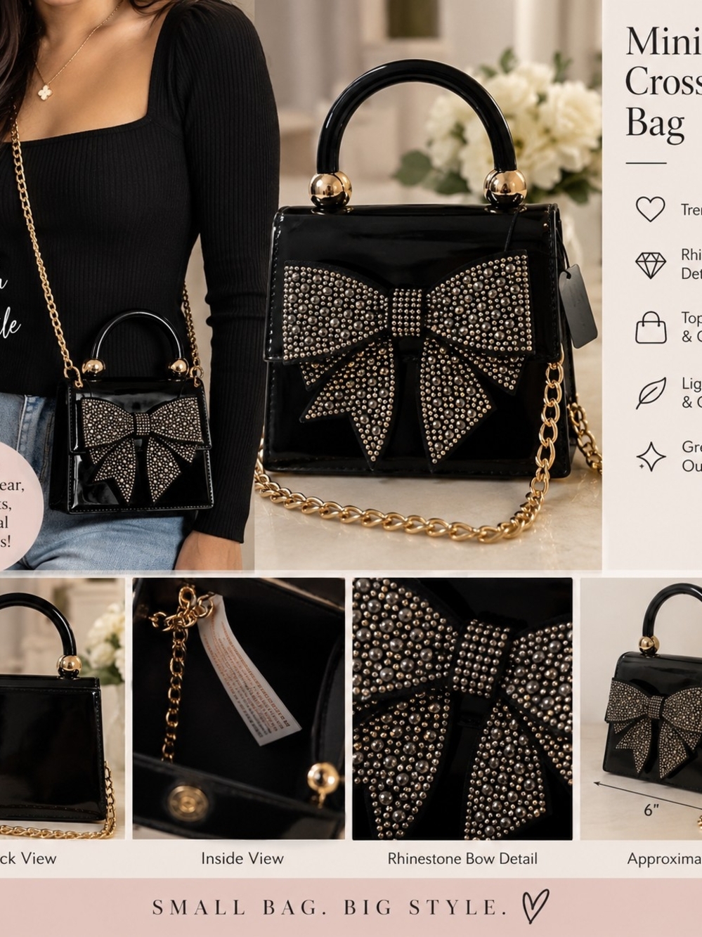 Macy's Black Patent Mini Crossbody with Rhinestone Bow